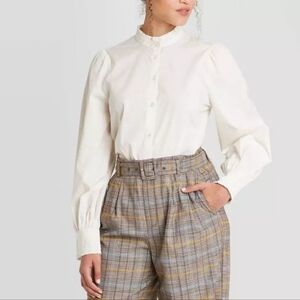 NWT a new day Off White Ruffle Trim High Neck Shirt Size S